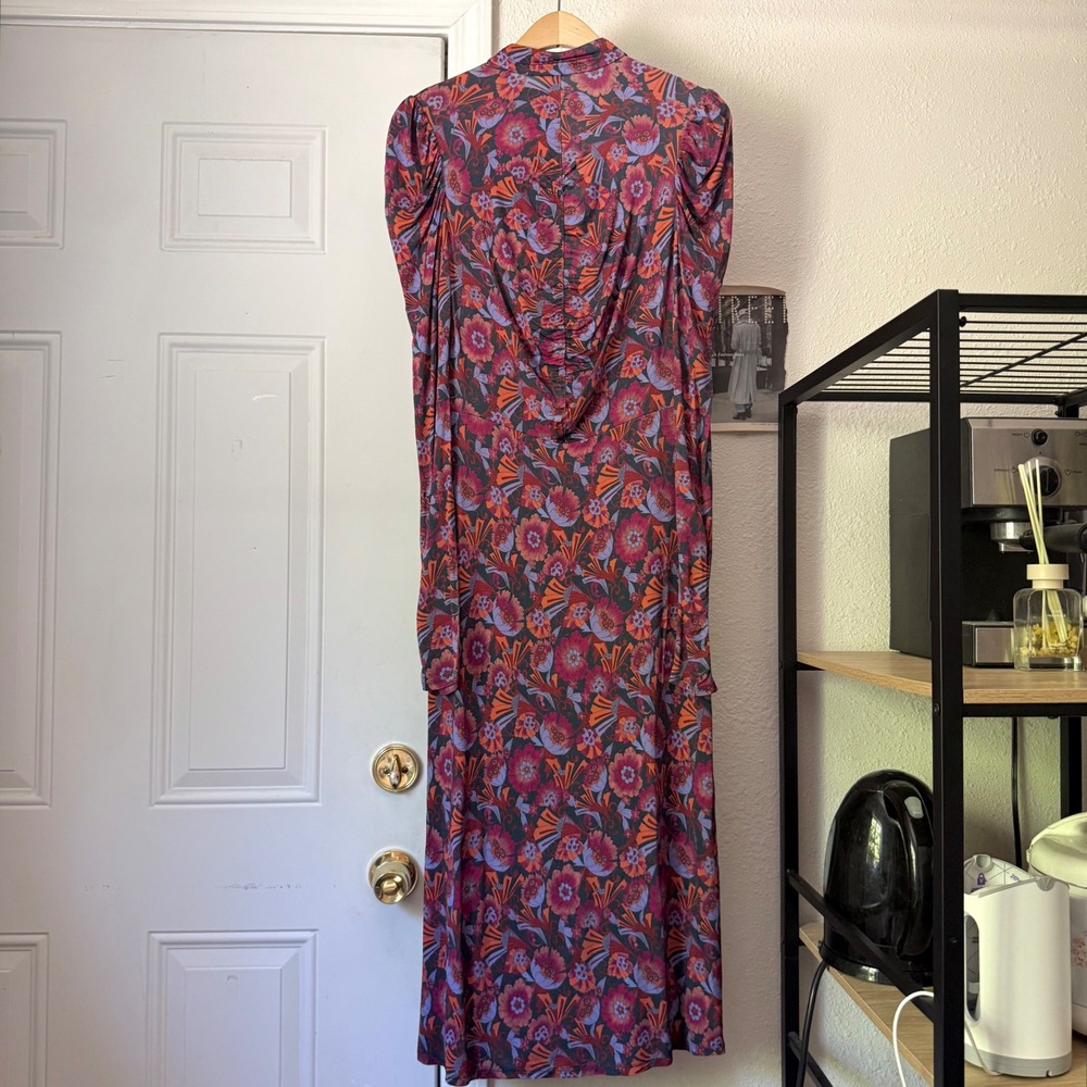 TANYA TAYLOR multicolor floral long sleeve mock neck ruched knit midi maxi dress